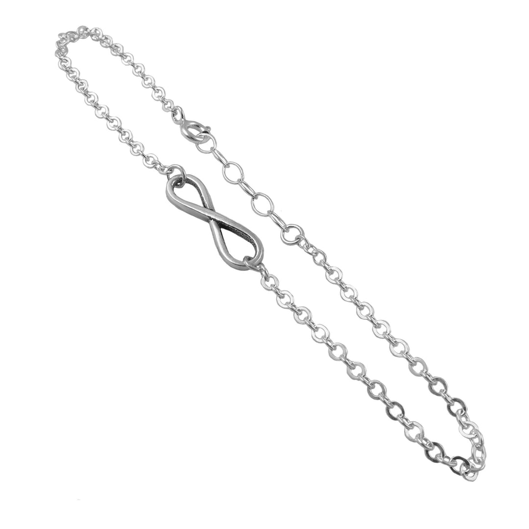 925 terling silver chain with an infinity figure of eight symbol with an extension chain and spring ring clasp on a white background