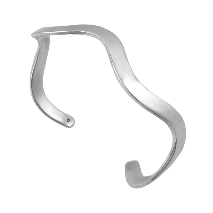 Sterling 925 Silver curved wavy cuff bracelet on a white background