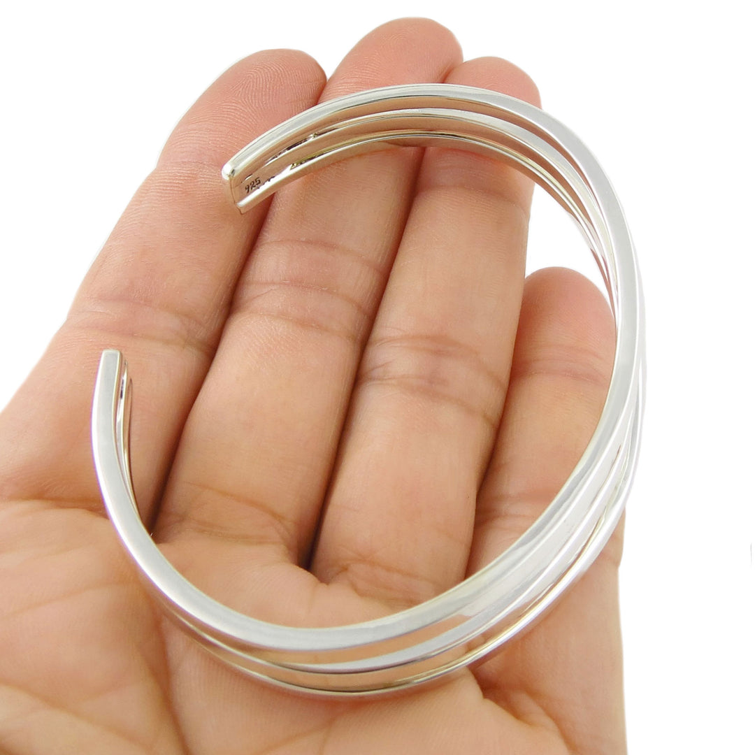 Triple Band Bracelet Cuff in Angled 925 Sterling Silver