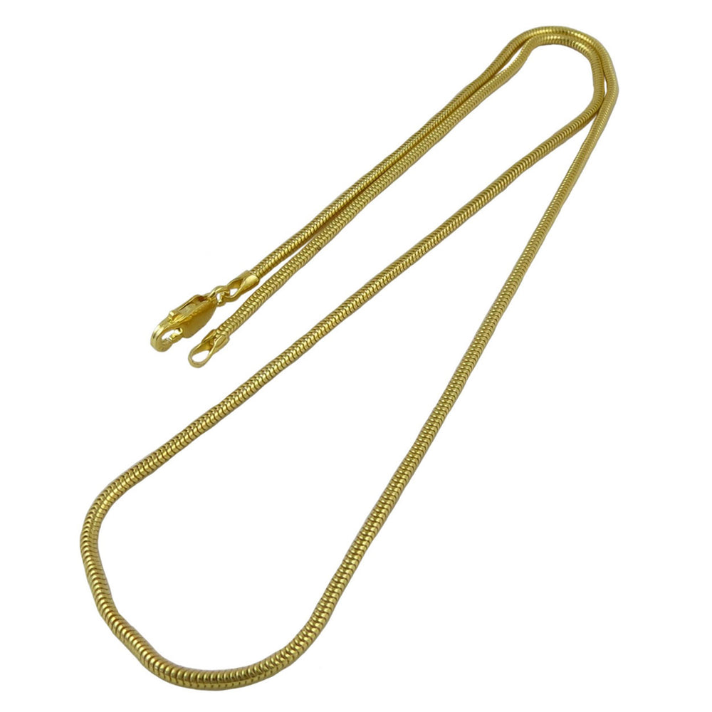 Gold snake chain necklace on a white background