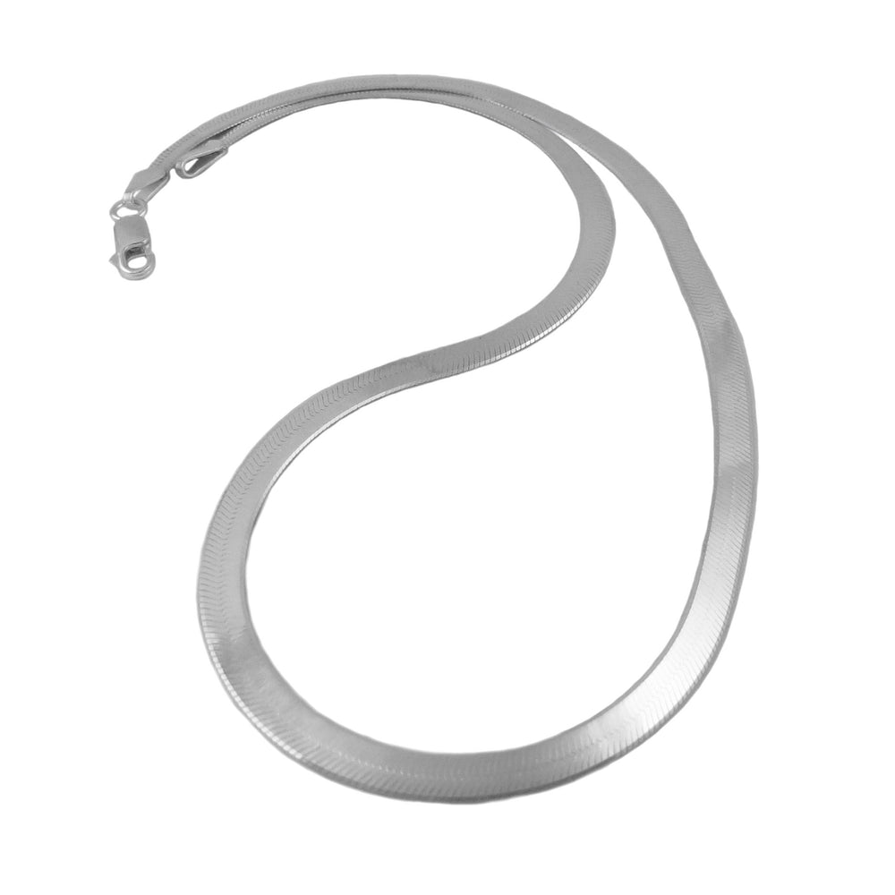 Flat silver snake chain necklace on a white background