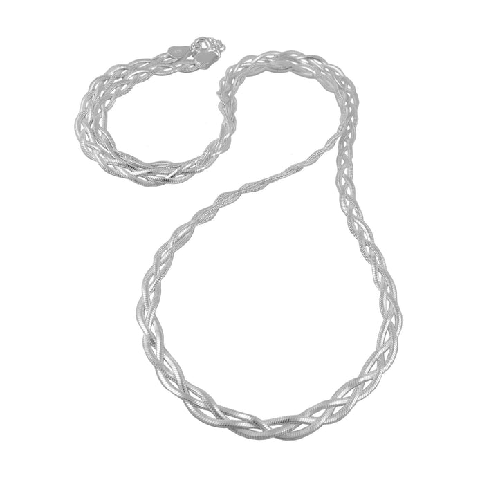 A UK sterling 925 silver necklace featuring three braided snake chains forming one necklace on a white background. 