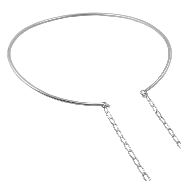 A UK hallmarked sterling 925 silver choker collar necklace with a thin, flexible band and two hanging chain extensions, shown on a plain white background.