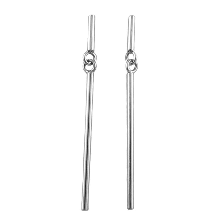 A pair of 925 sterling silver drop earrings with a slim cylindrical bar suspended from a small circular ring, shown against a plain white background.