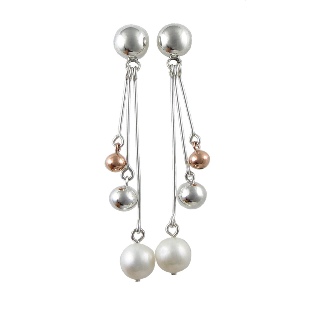 Long 925 Silver, Copper and Pearl Dangle Earrings