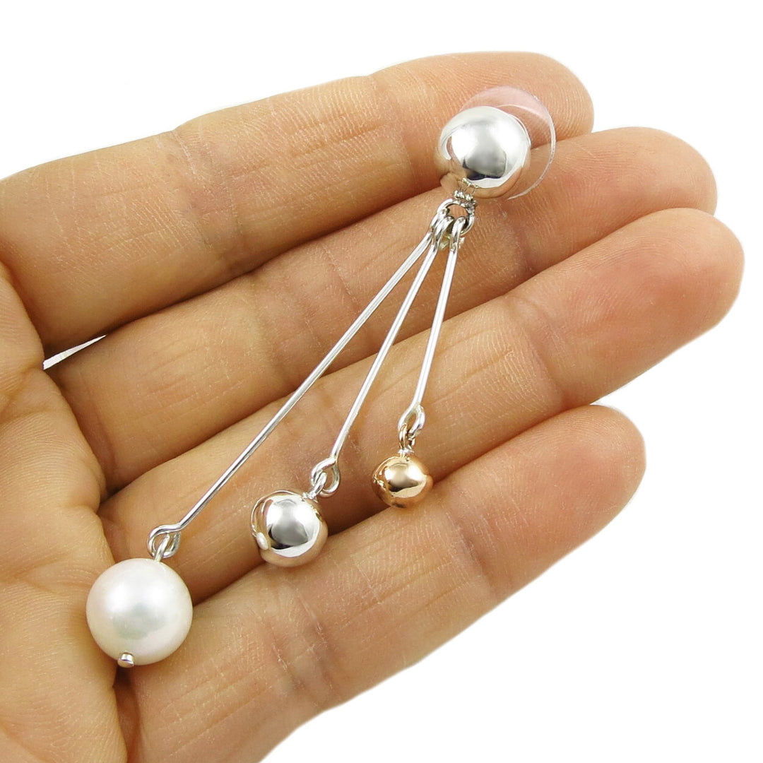 Long 925 Silver, Copper and Pearl Dangle Earrings