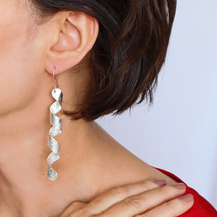 Long Maria Belen Reticulated 925 Silver Spiral Earrings