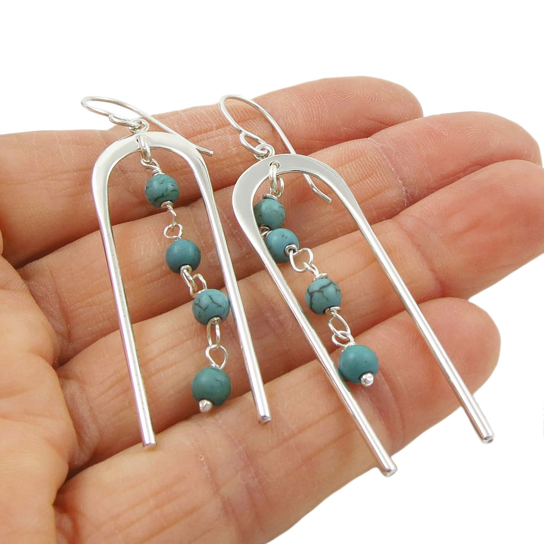 Long Dangling Turquoise Bead Sterling Silver Earrings