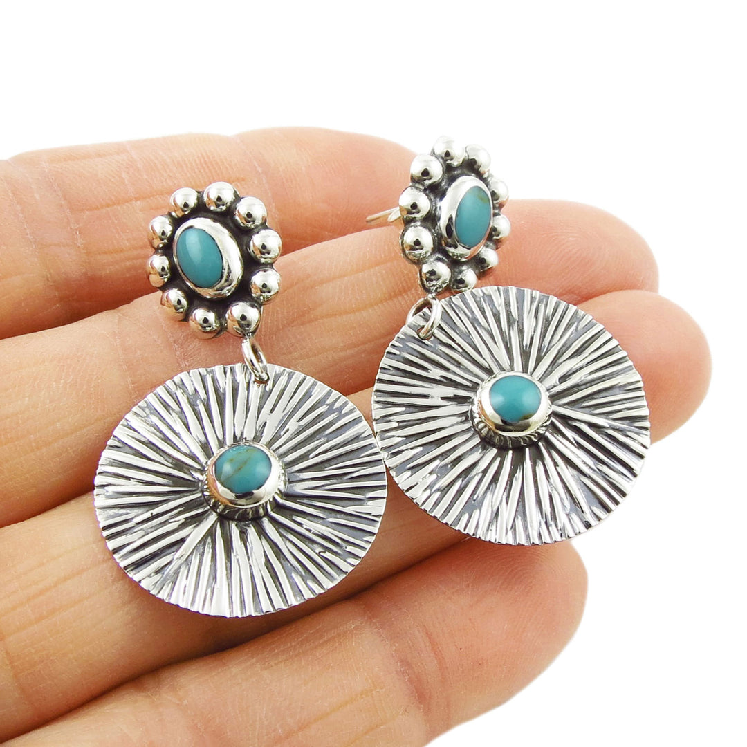 Long 925 Silver and Turquoise Dangling Disc Earrings