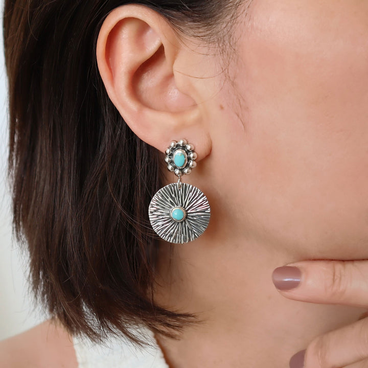 Long 925 Silver and Turquoise Dangling Disc Earrings