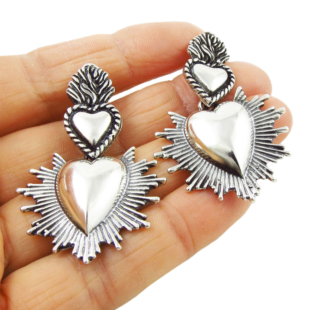 Statement Flaming Heart Earrings in Sterling Silver