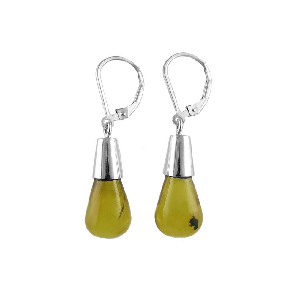 A pair of sterling silver teardrop-shaped earrings with a warm amber gemstone centerpiece, featuring leverback fasteners.