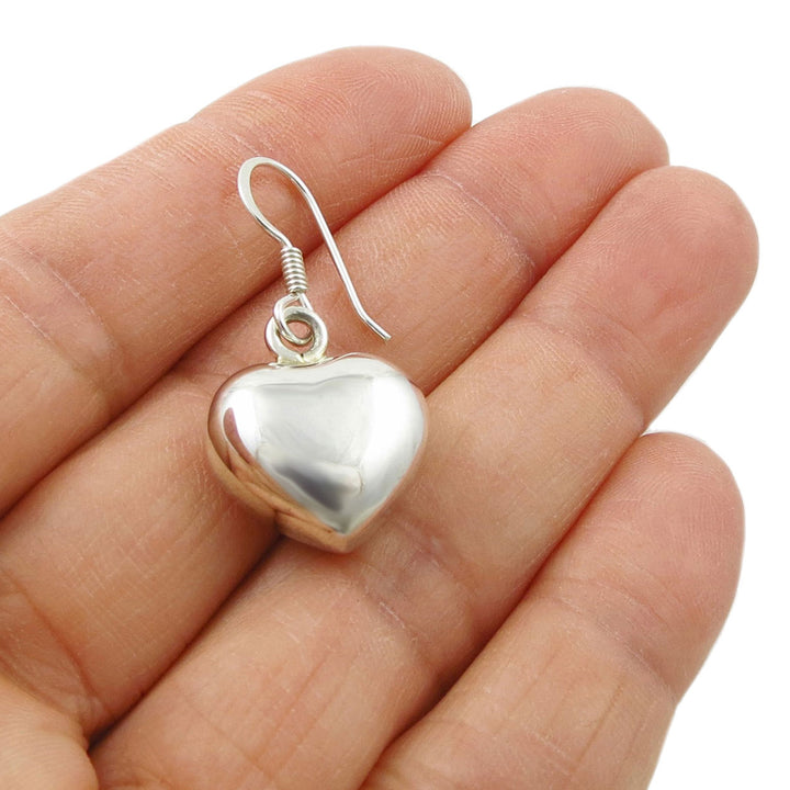 Puffy Love Heart 925 Sterling Silver Polished Dangle Earrings