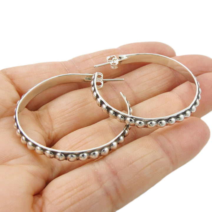 Silver Beaded Hoop Earrings Medium