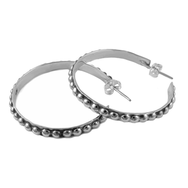 Silver Beaded Hoop Earrings Medium