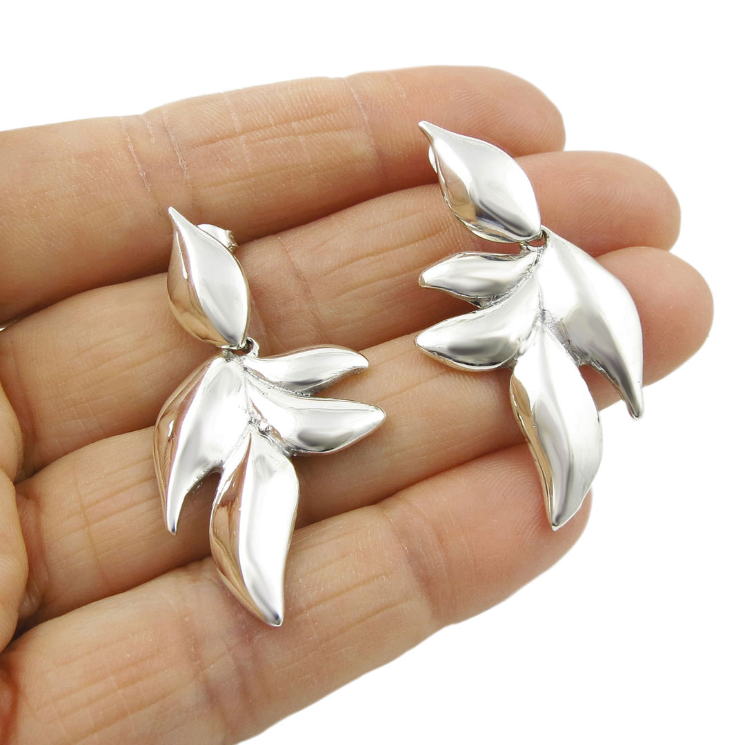 Polished Curved 925 Sterling Silver Leaf Dangle Earrings