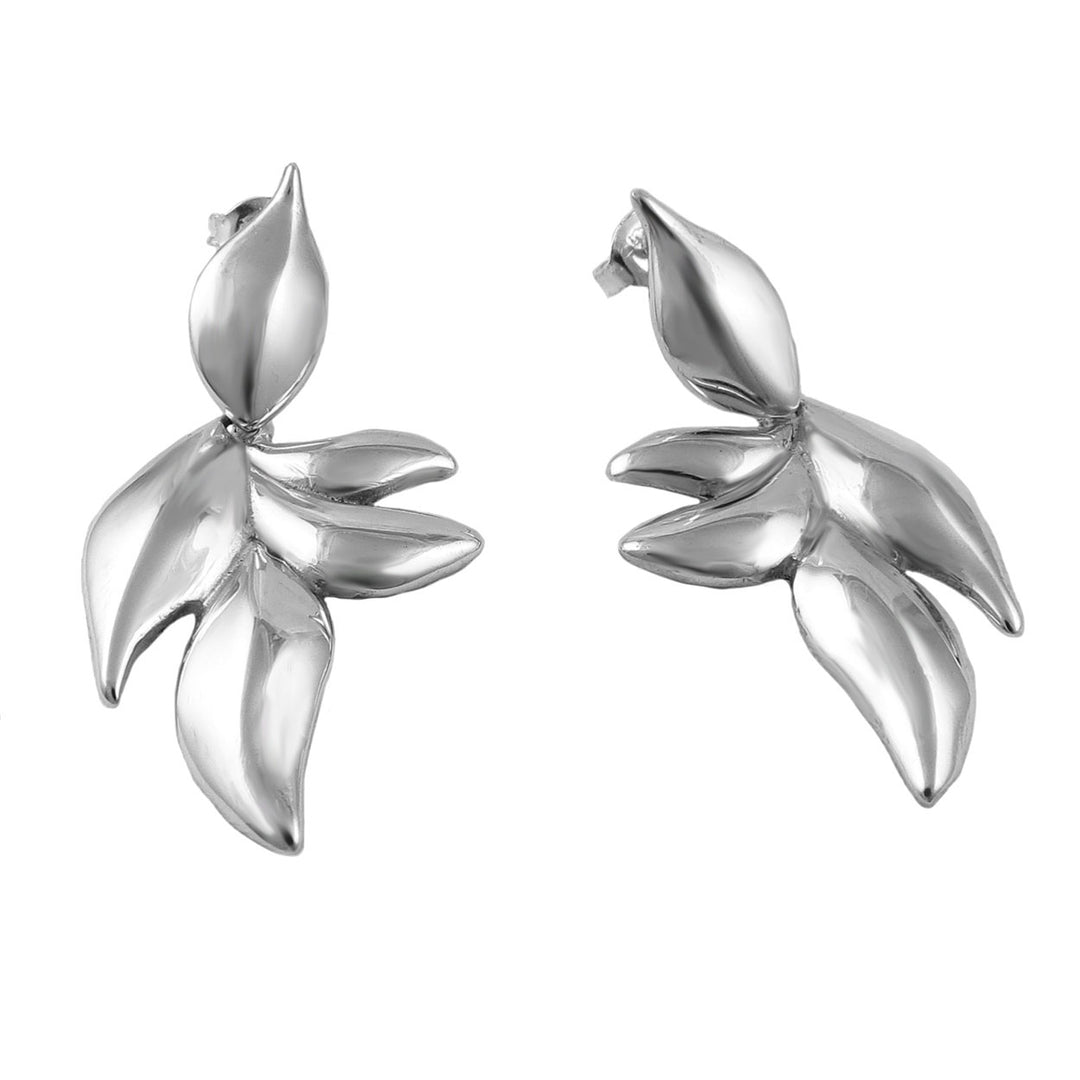 Polished Curved 925 Sterling Silver Leaf Dangle Earrings