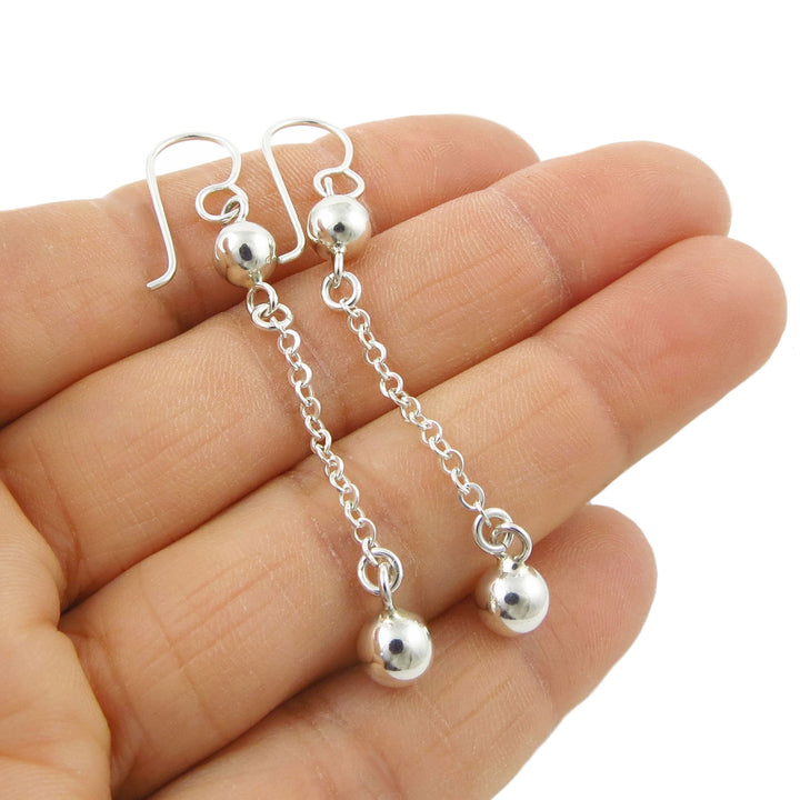 Double Ball 925 Sterling Silver Link Chain Dangling Earrings