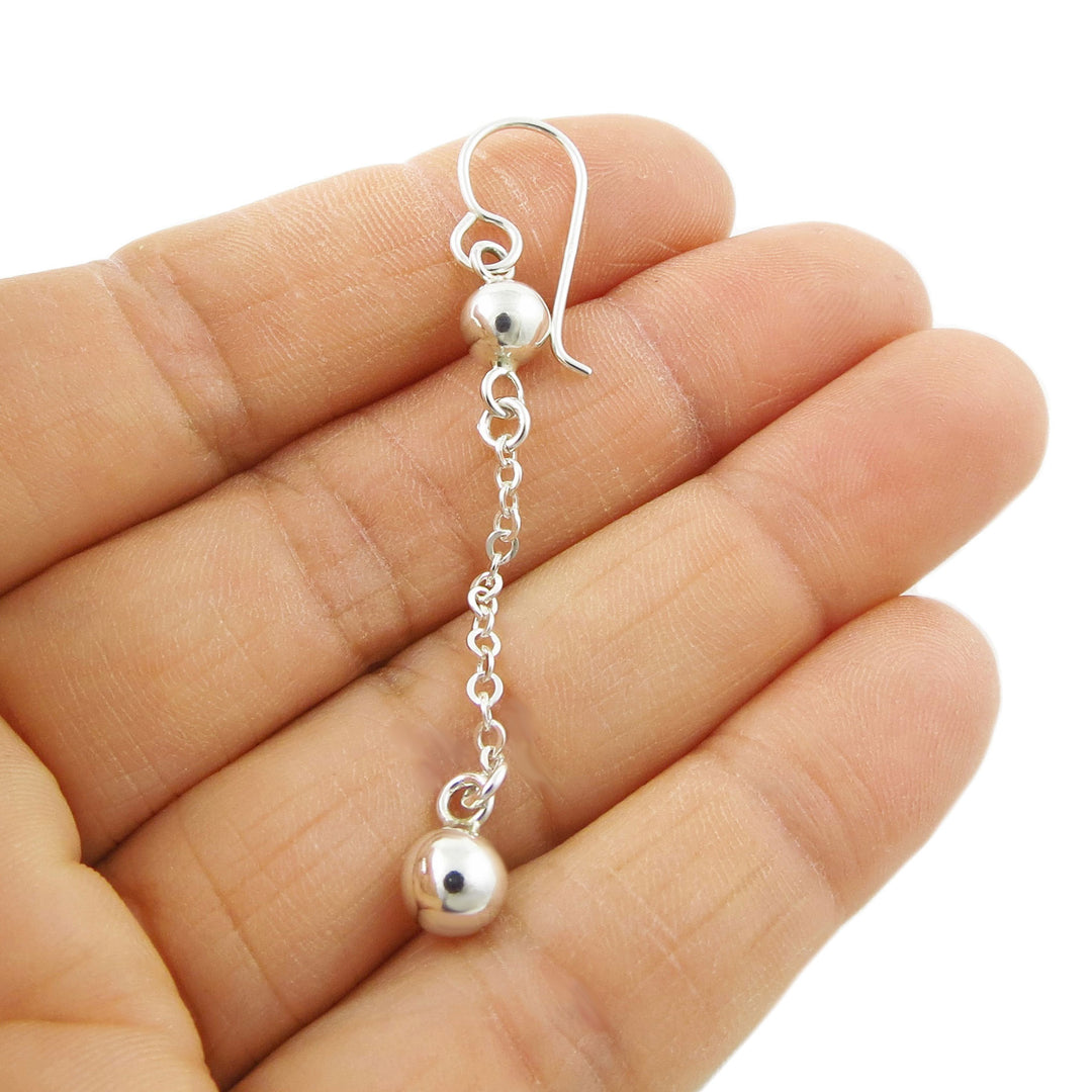 Double Ball 925 Sterling Silver Link Chain Dangling Earrings