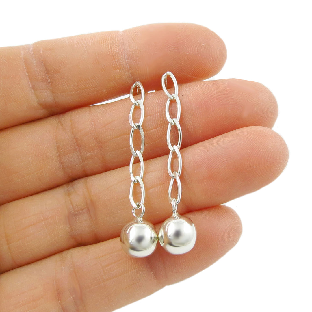 Ball and Curb Chain 925 Silver Dangle Earrings