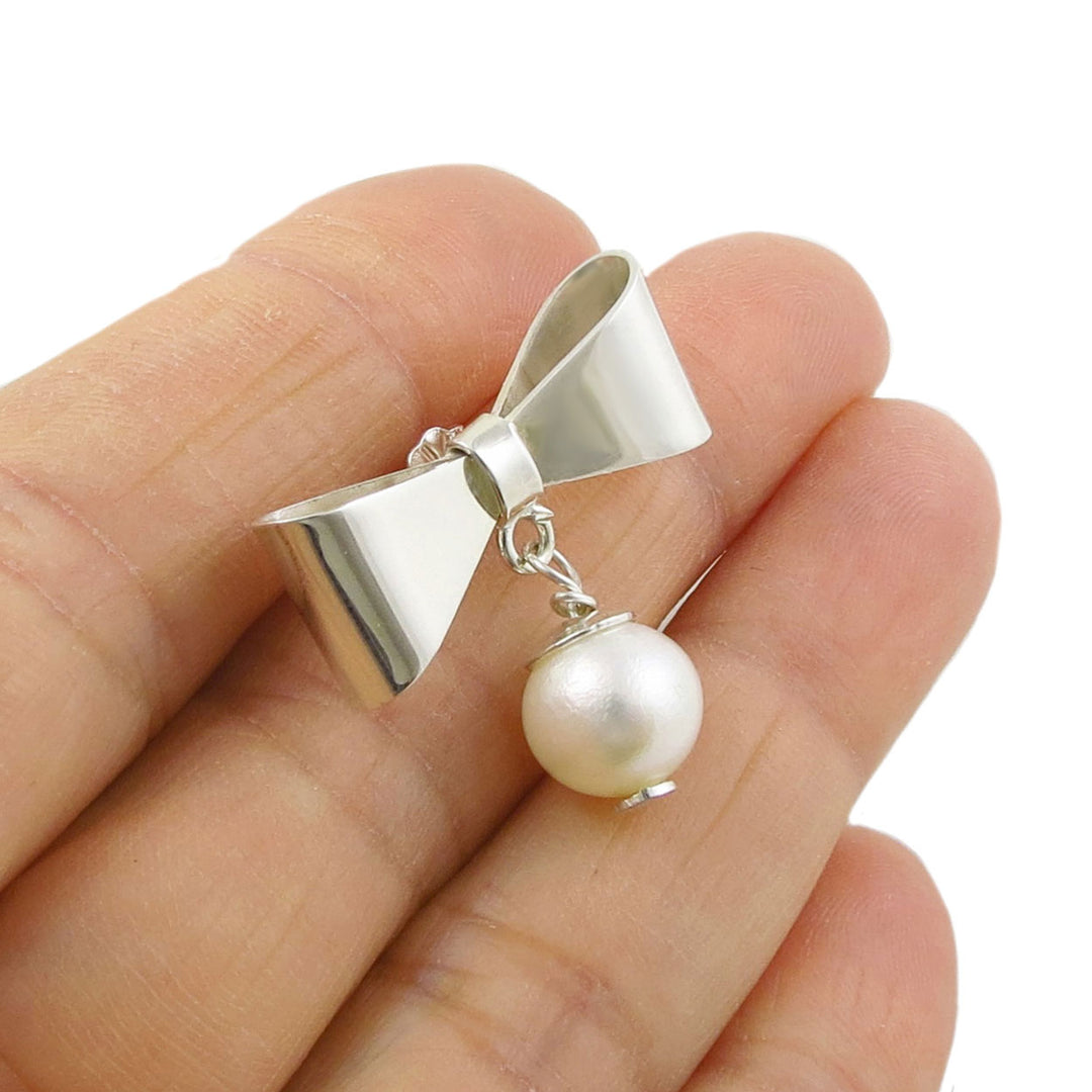 Silver Bow and Pearl Earrings