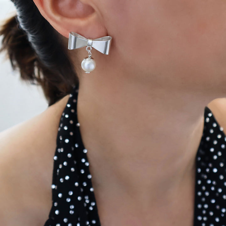 Silver Bow and Pearl Earrings