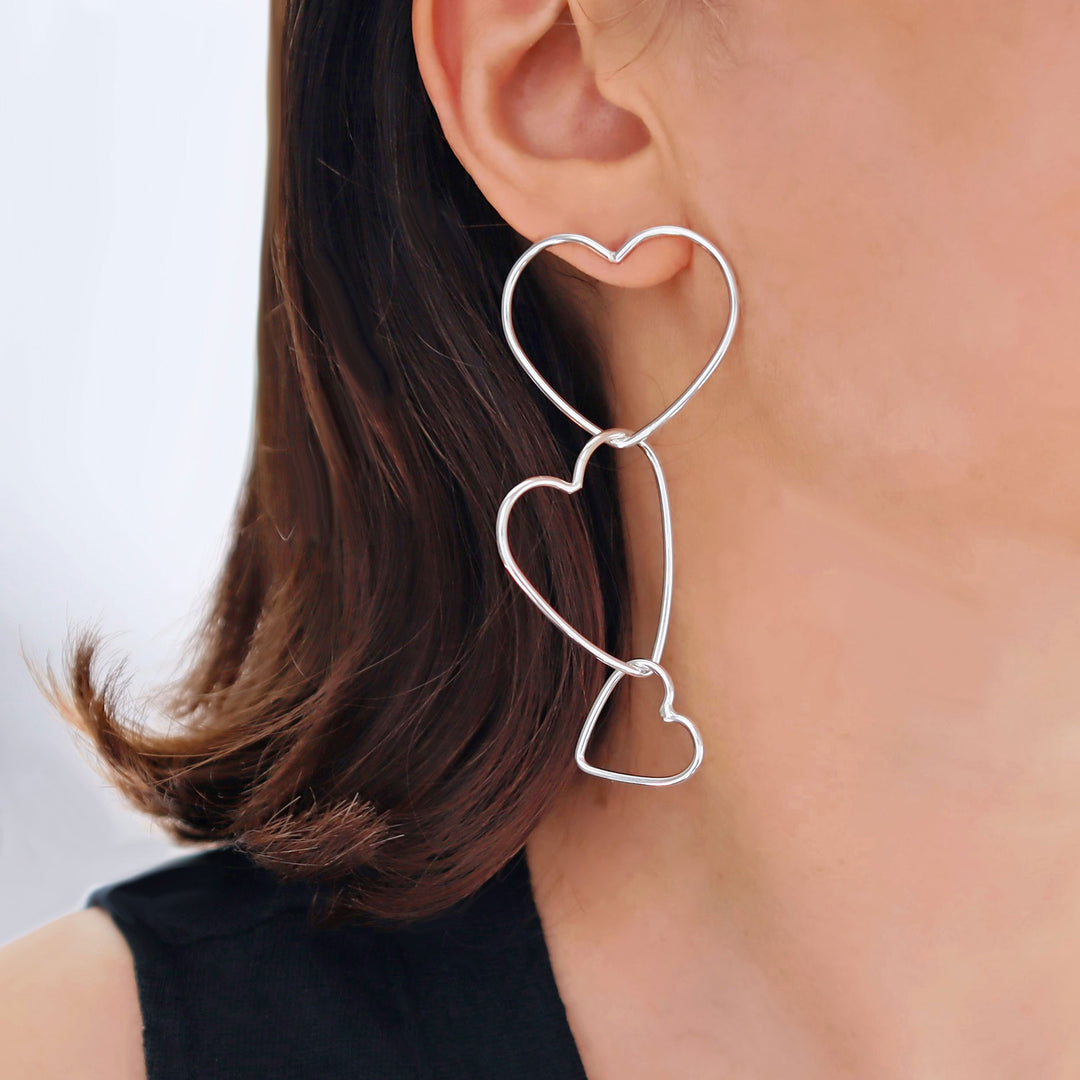 Love Heart Dangling Hoop Earrings in 925 Silver