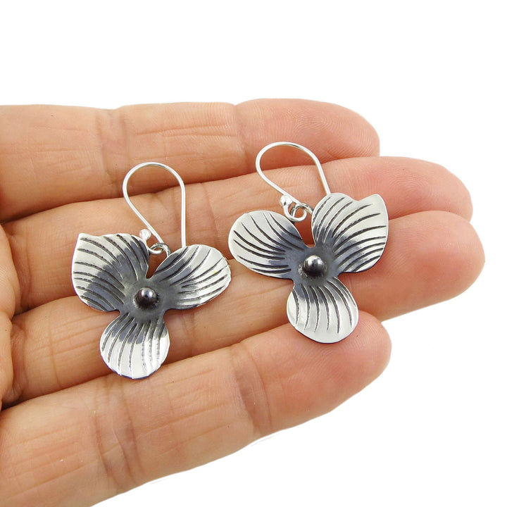 Trillium Flower Earrings in Sterling Silver