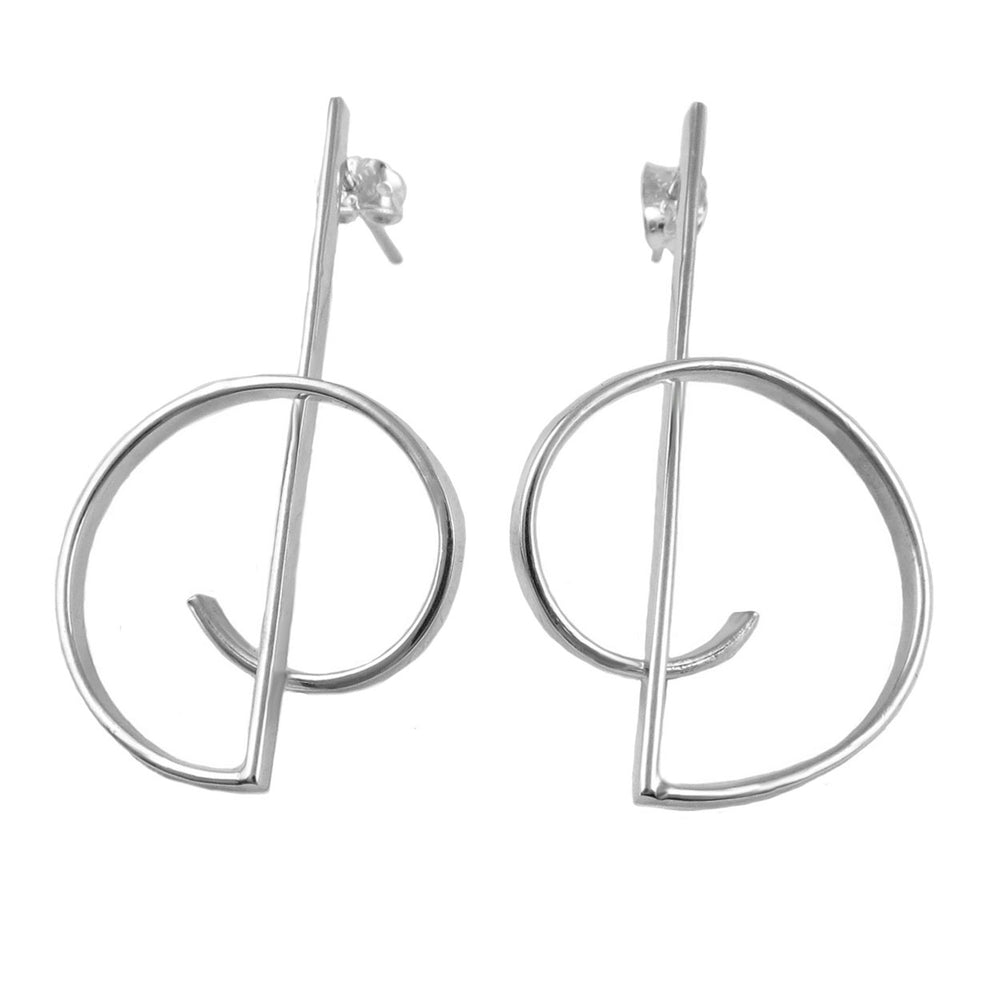 A pair of Mexican handmade 925 sterling silver hoop earrings with a geometric sculptured spiral design, intended for pierced ears.