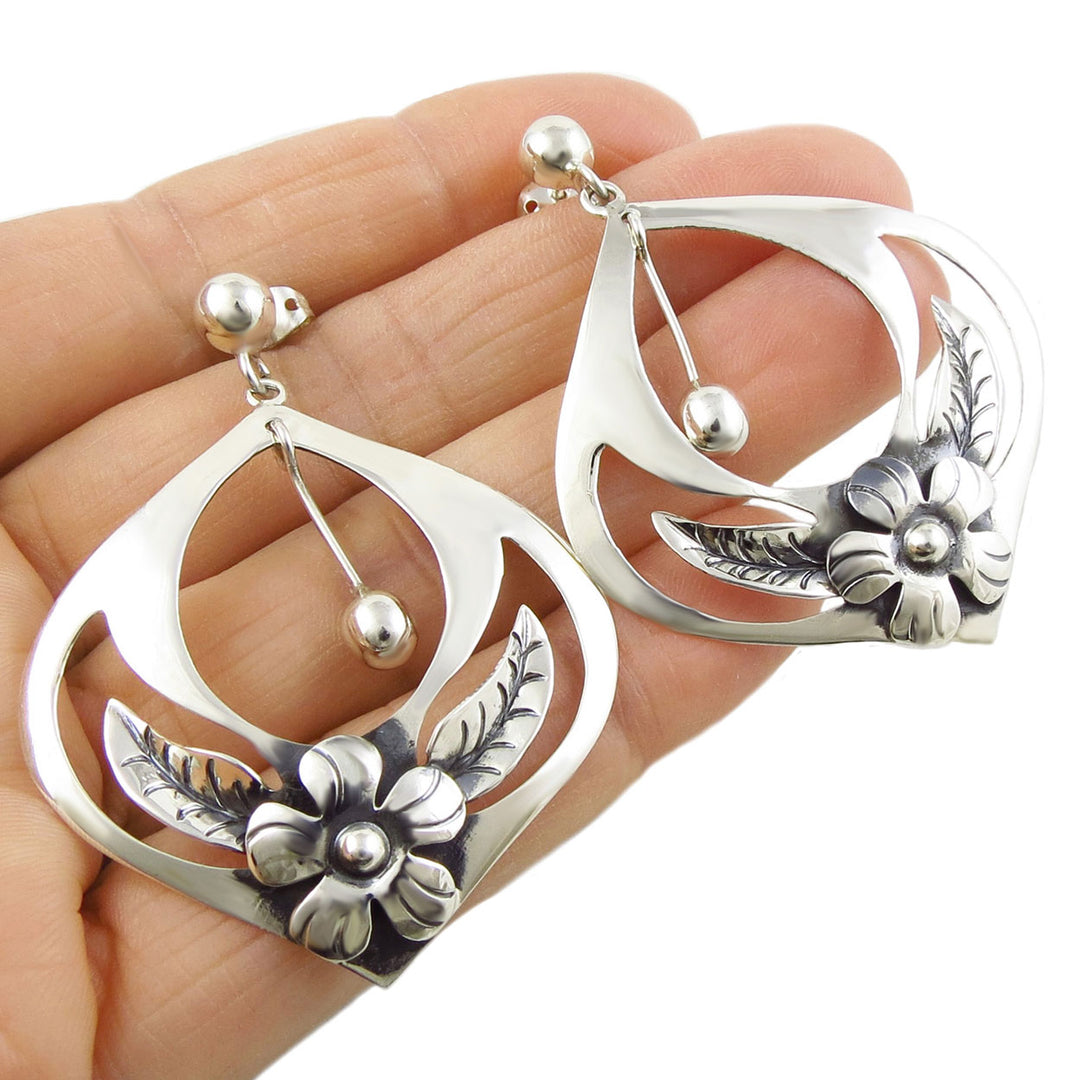Silver Flora Drop Earrings