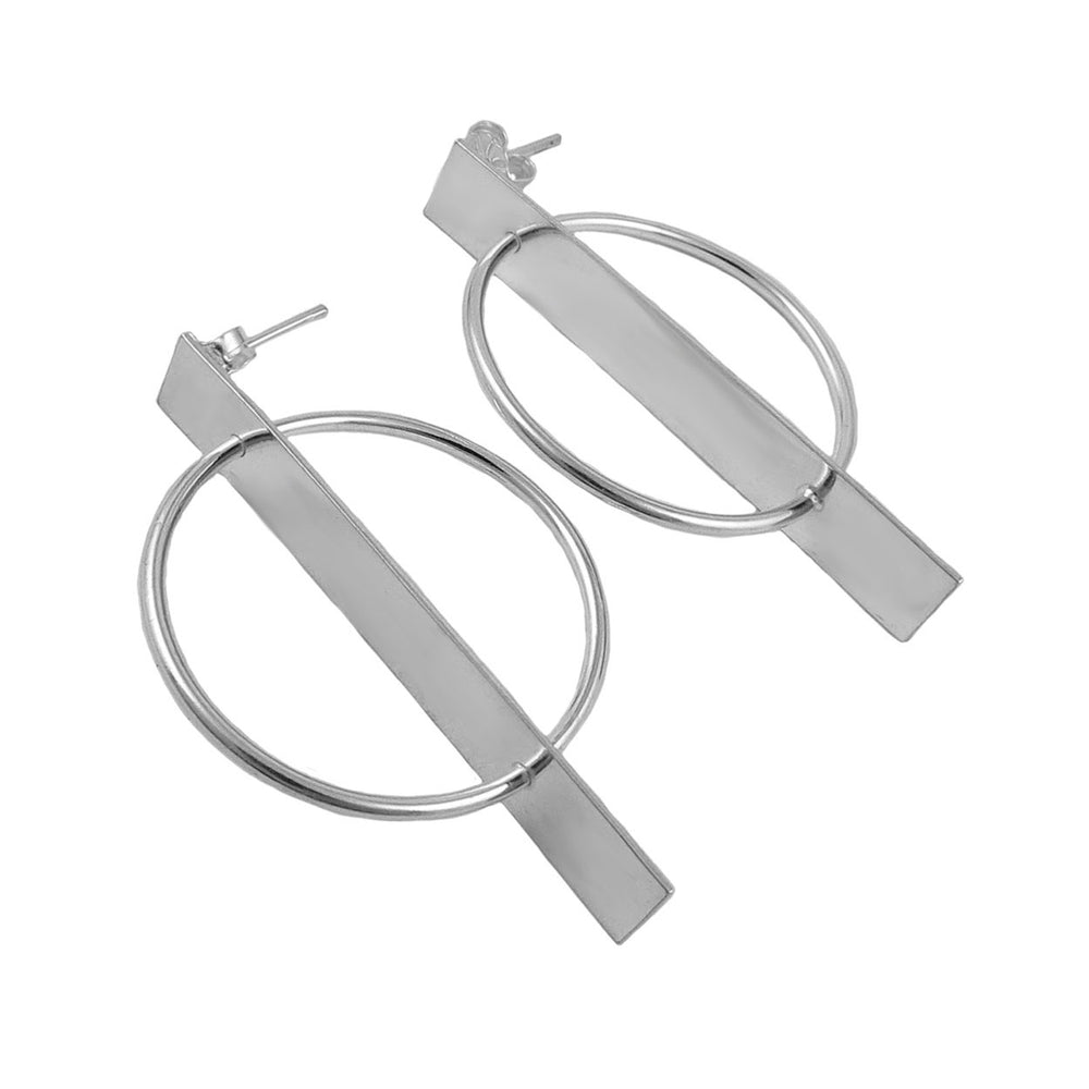 A pair of sterling silver hoop and stick drop earrings with a polished finish.