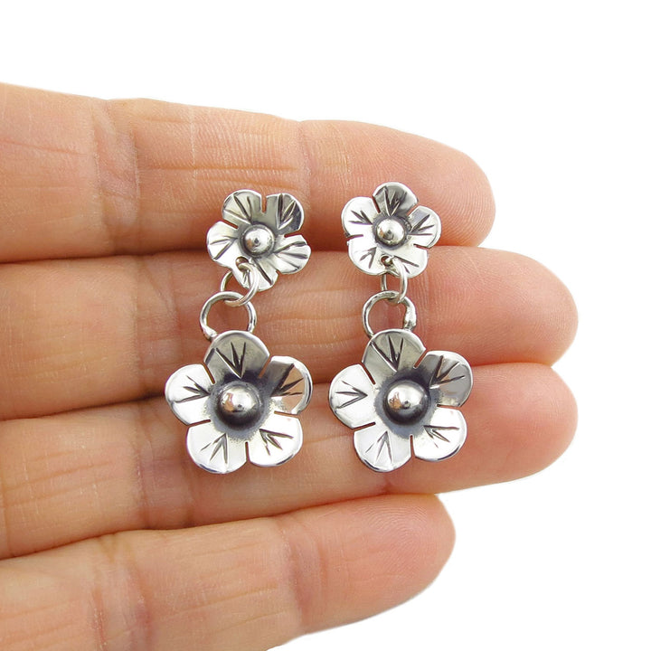 Silver Flower Drop Earrings