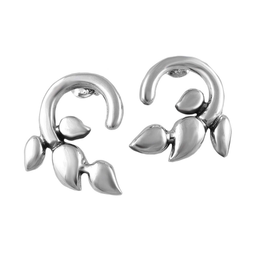 A pair of sterling 925 silver vine and leaf earrings designed for women, featuring a curling hoop design with leaf embellishments.