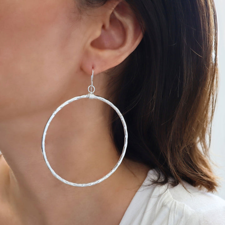 Wide Hammered Hoops Sterling Silver Circle Earrings