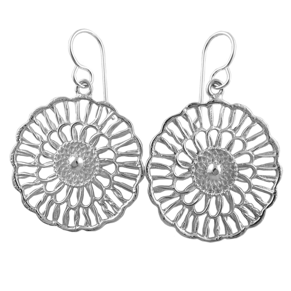 A pair of sterling silver large flower earrings with textured petals radiating from the center, hanging on hook closures.