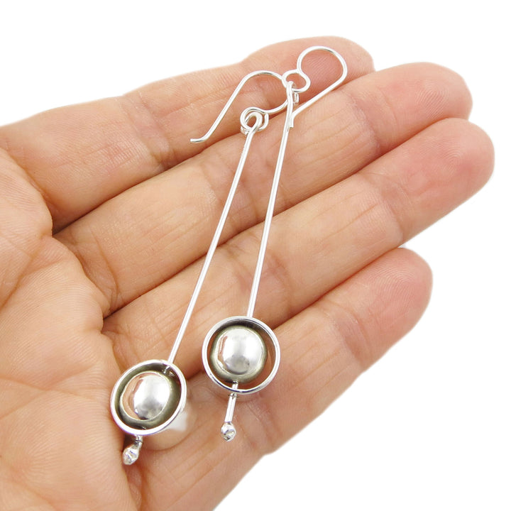 Long Silver Orb and Stick Earrings