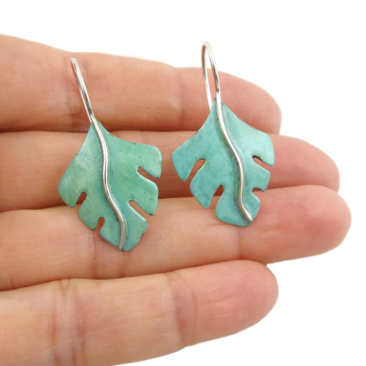 Green Copper Patina Silver Tree Leaf Earrings