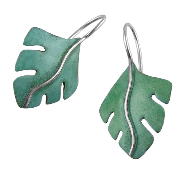 Green Copper Patina Silver Tree Leaf Earrings