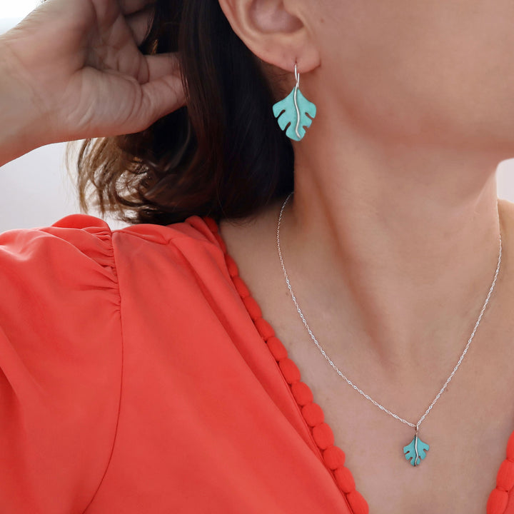 Green Copper Patina Silver Tree Leaf Earrings