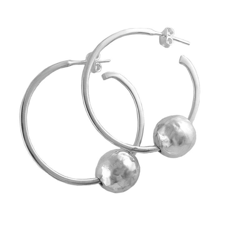 Large 925 silver hoop earrings with spherical hammered ball bead accents on a white background