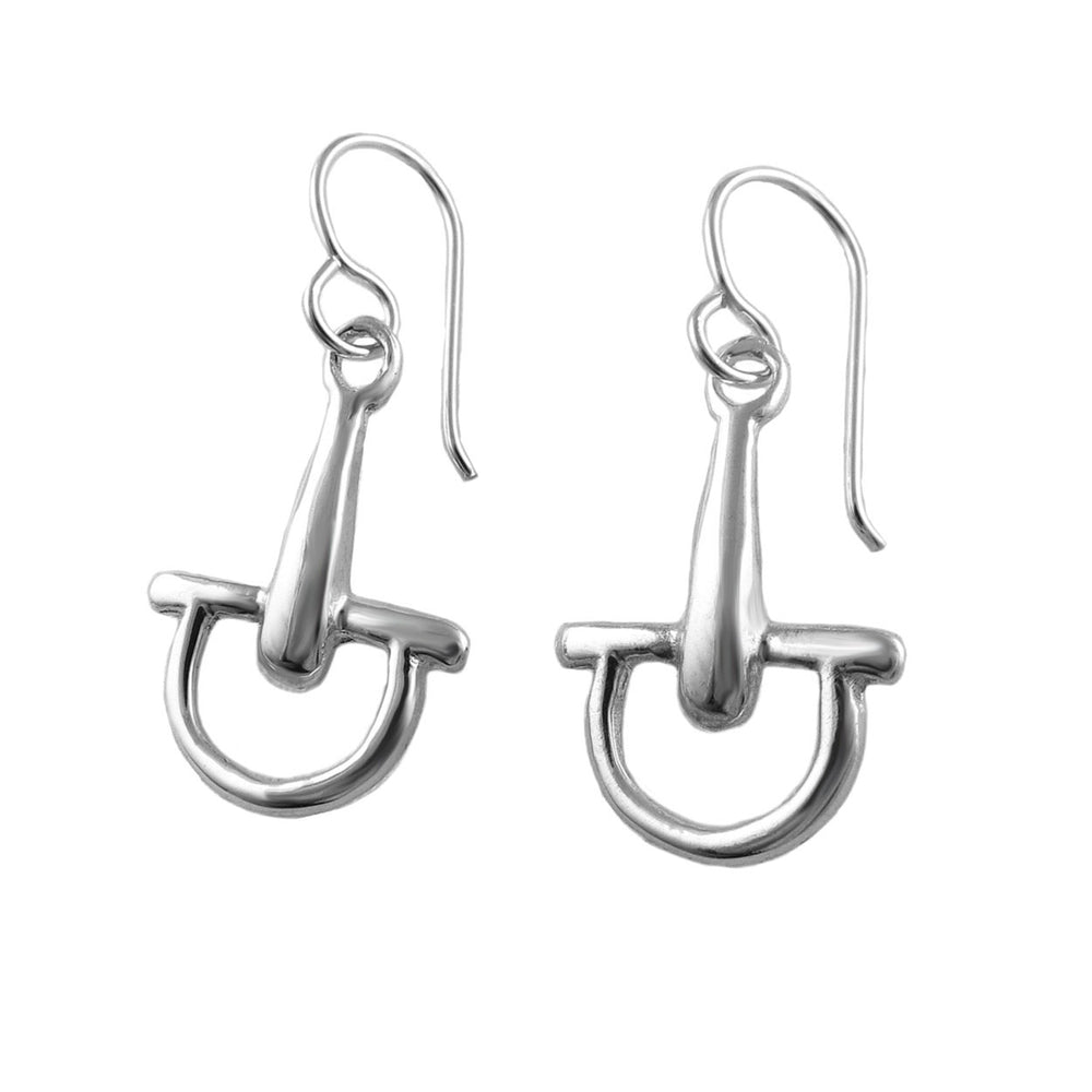 Large 925 sterling silver earring in the shape of horse eggbutt snaffle bits hanging on long hooks against a white background. 