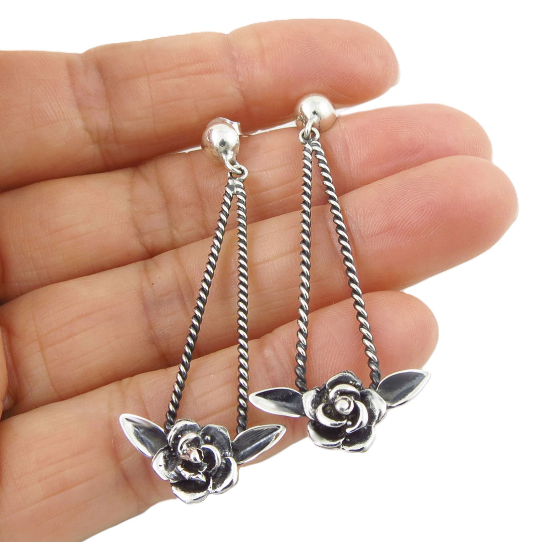 Silver Rose Drop Earrings