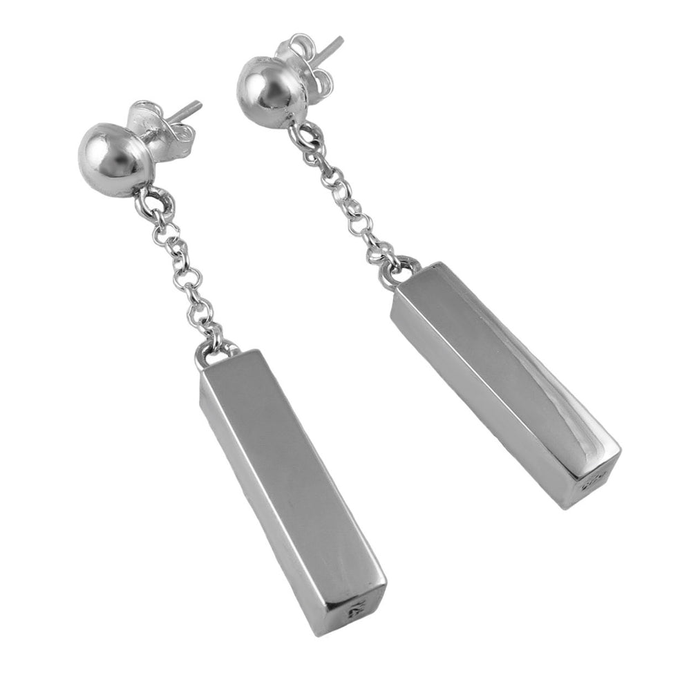 Silver dangle earrings with cylindrical drops on a white background