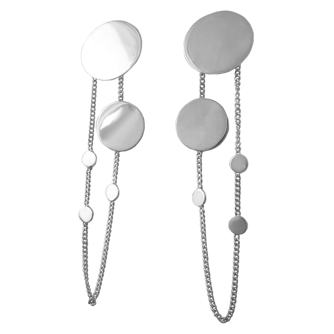 Pair of silver earrings with circular discs and chains on a white background