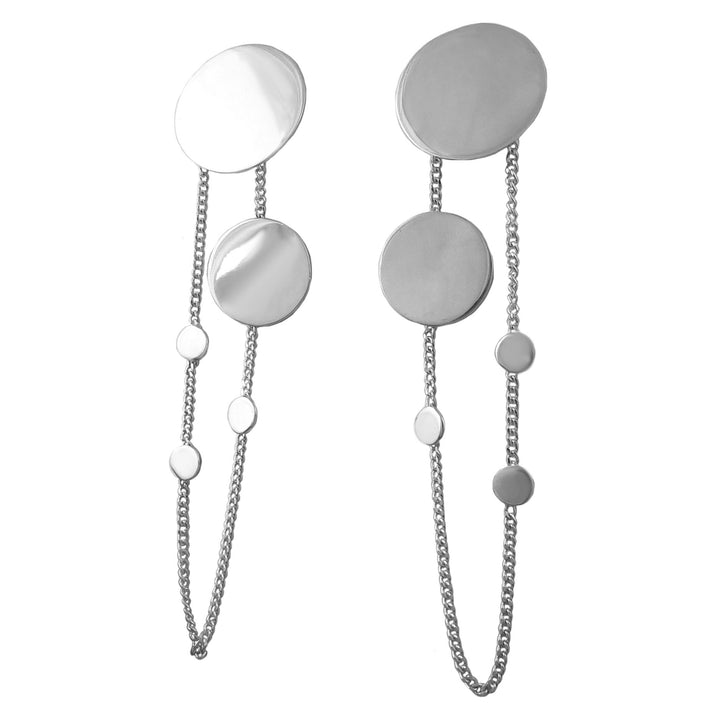 Pair of silver earrings with circular discs and chains on a white background