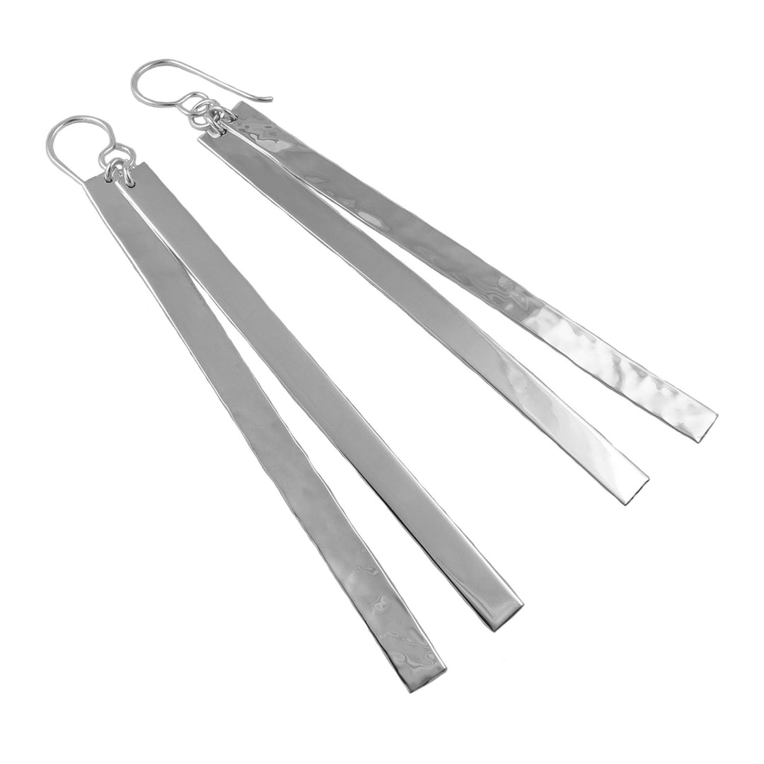 Pair of silver double rectangle drop earrings on a white background