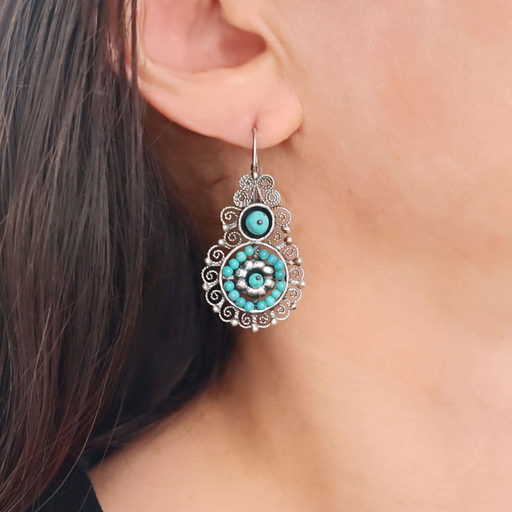 Mexican Silver Earrings with Turquoise Gemstone Beadwork