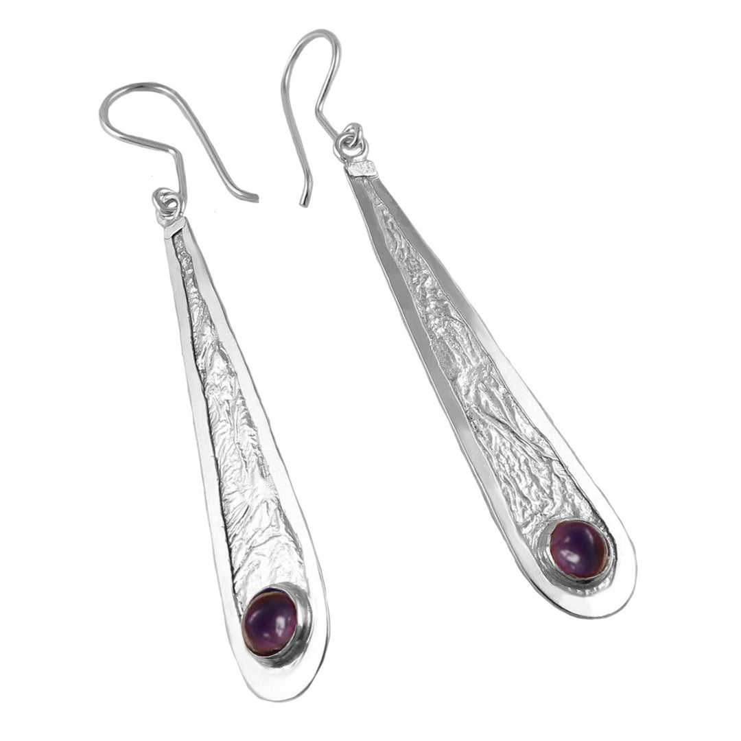 Crushed 925 Silver earrings for women with purple amethyst gemstones on a white background