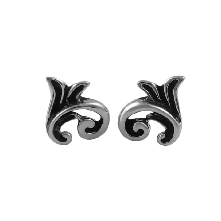 Pair of silver vine earrings with black accents on a white background