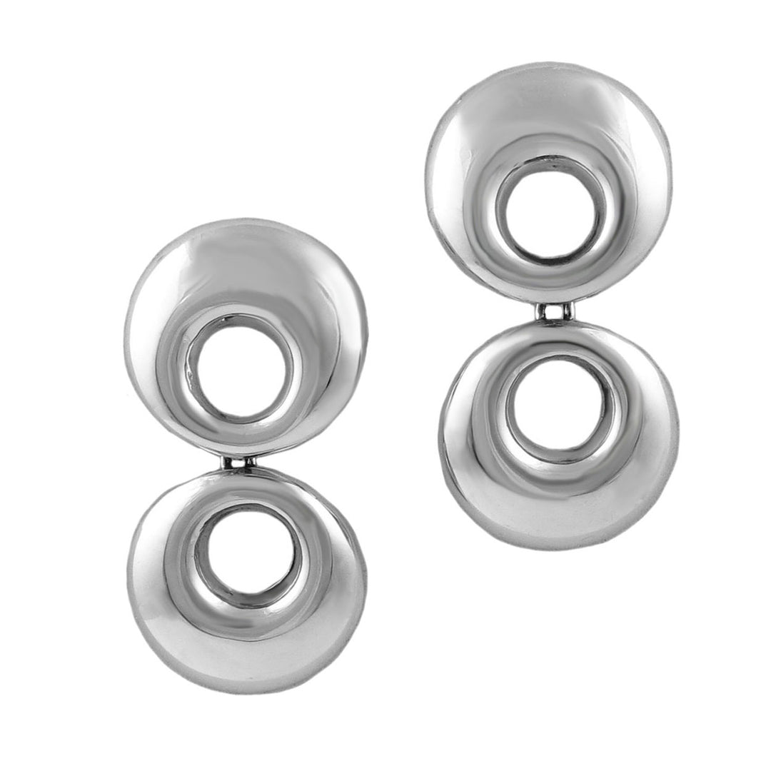 Pair of silver earrings with two circular designs on a white background